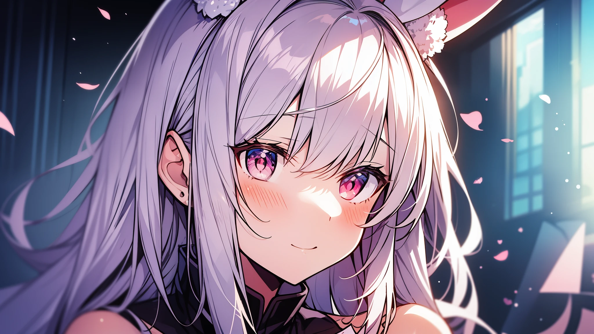 Anime girl with white hair and bunny ears, ruby eyes, shy blush, , high contrast, soft light