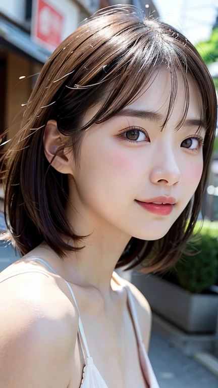 With the alleys of Kyoto in the background、18-year-old girl、independent、I'm looking forward to、Light eye makeup、Brown Hair Color、flat 、Hair blowing in the wind、Quality of actress、Shiny, Ultra-realistic faces、smileの表情、Watery eye、look up、Calming lighting effects、 Ultra-Realistic Capture、Very detailed、High resolution 16k human skin closeup。Skin texture must be natural、Must be so detailed that pores are visible、skin is healthy、Must be an even tone、Use natural light and color、High quality photos taken by a modeling agency'Exclusive photographer、smile