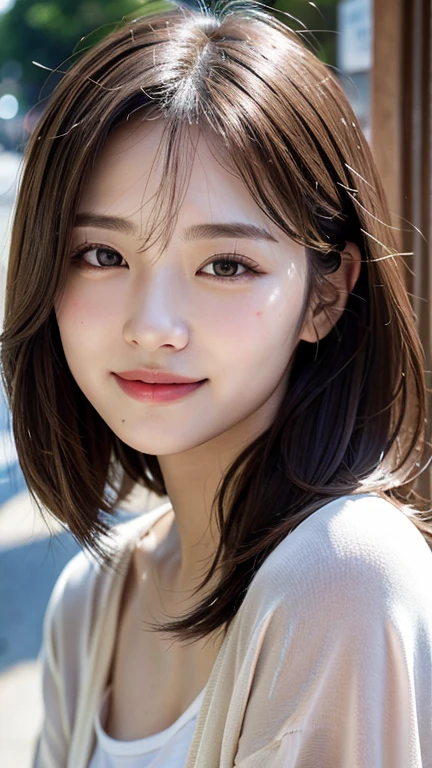 With the alleys of Kyoto in the background、18-year-old girl、independent、I'm looking forward to、Light eye makeup、Brown Hair Color、flat 、Hair blowing in the wind、Quality of actress、Shiny, Ultra-realistic faces、smileの表情、Watery eye、look up、Calming lighting effects、 Ultra-Realistic Capture、Very detailed、High resolution 16k human skin closeup。Skin texture must be natural、Must be so detailed that pores are visible、skin is healthy、Must be an even tone、Use natural light and color、High quality photos taken by a modeling agency'Exclusive photographer、smile
