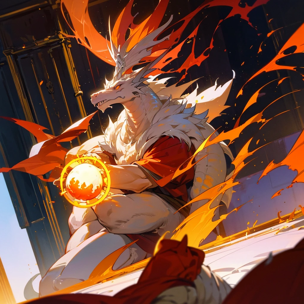 A white dragon, fireballs around him, looking confident, inside a room, a ring of fire around his head in background, one dragon only.