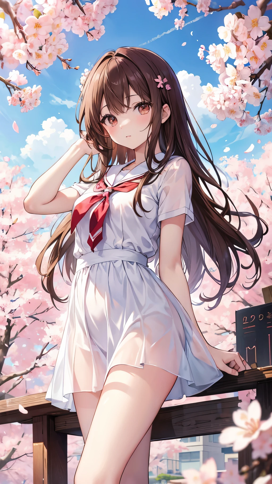 High resolution、masterpiece、Brown Hair、I、For women、high school girl、School、cherry blossoms、Detailed Background、Detailed eyes、((Brown eyes)),Beautiful and perfect legs, Clean and perfect hands,Large Breasts