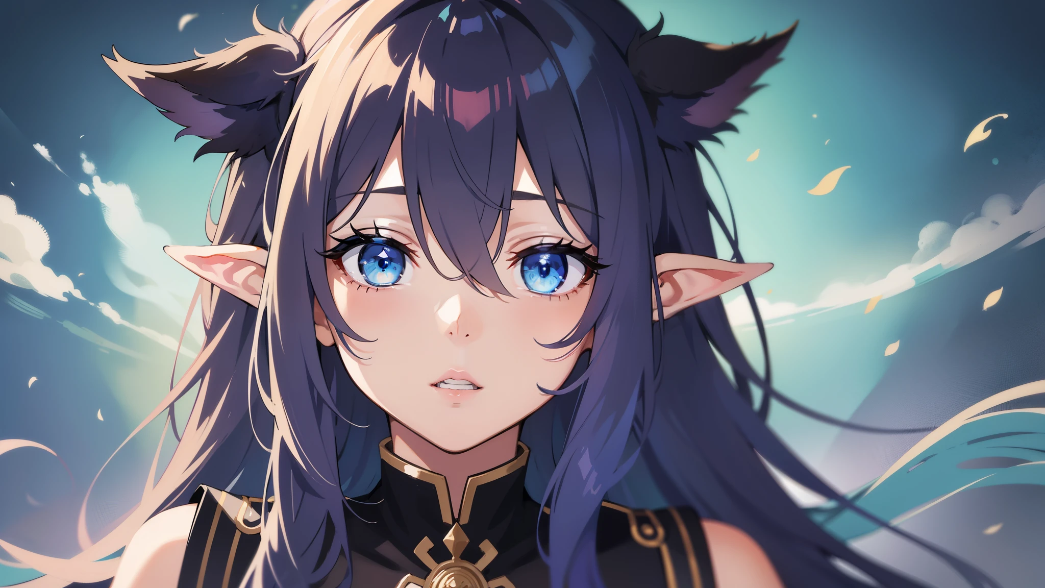 Black skin color:5.0、elvish、Fantasia、blue eyess、very long bangs、(hair over eyes)、silber hair、Majestic nature、