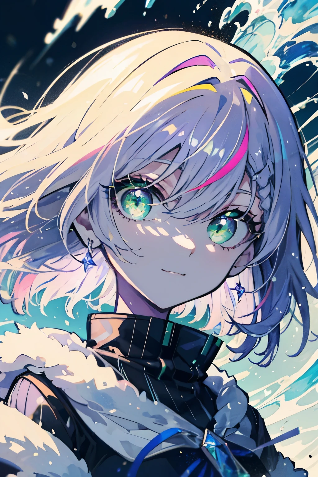 ((Light purple hair)), ((Green eyes)),Wave hair,Medium Hair,multicolored hair, Winter background、colorful backdrop、Tsurime、Beautiful eyes that sparkle、an oil painting、masutepiece、top-quality、High quality、smil