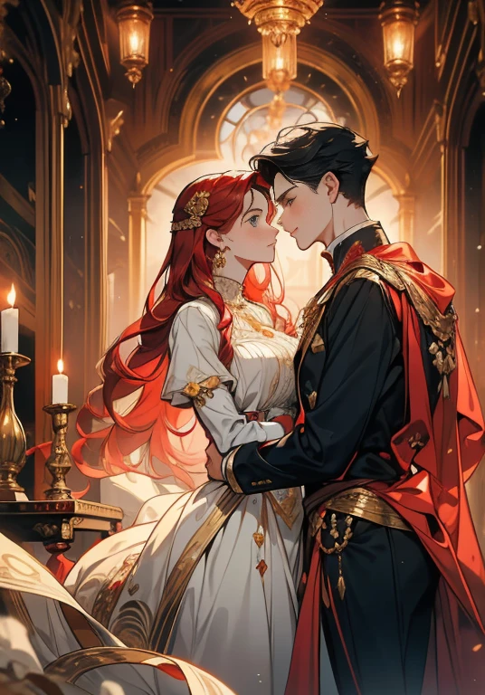 ((masterpieces)), best quality, exceptional illustration, a couple kissing, soft focus, 1 boy with short black hair, BLUE EYES, 1 girl with long wavy red hair, GOLDEN YELLOW EYES, Victorian clothing, Victorian romanticism, opulent and exquisite atmosphere, soft light and warm lighting.