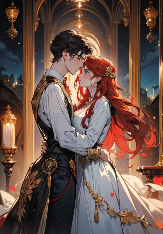 ((masterpieces)), best quality, exceptional illustration, a couple kissing, soft focus, 1 boy with short black hair, BLUE EYES, 1 girl with long wavy red hair, GOLDEN YELLOW EYES, Victorian clothing, Victorian romanticism, opulent and exquisite atmosphere, soft light and warm lighting.