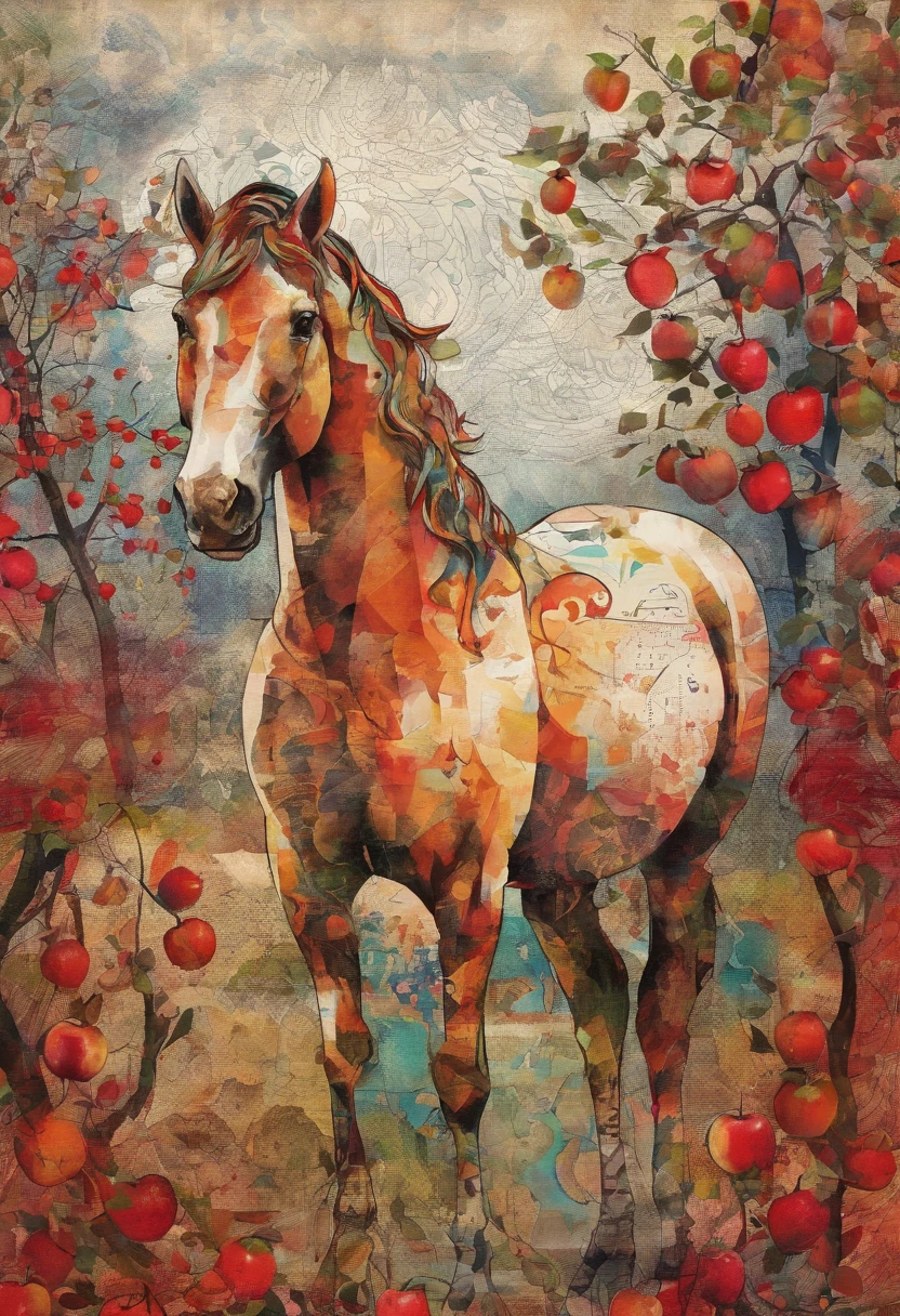 cheval frison nonchalant stoïque assis (expression d'indifférence), regard vide froid, posture sage, fond soleil d'été rayonnant (fruiting apple trees, pommes rouges) ::2 colorful ink painting ::2 art fantasy
