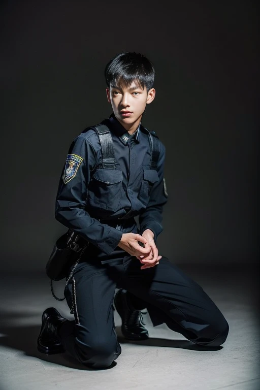 Teen male posing, (((16yo))), full body view, atmospheric, ultra realistic, SWAT fighter, kneel, SWAT uniform