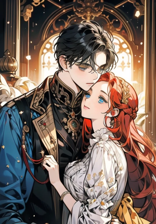 ((masterpieces)), best quality, exceptional illustration, a couple kissing, soft focus, 1 boy with short black hair, BLUE EYES, 1 girl with long wavy red hair, GOLDEN YELLOW EYES, Victorian clothing, Victorian romanticism, opulent and exquisite atmosphere, soft light and warm lighting.