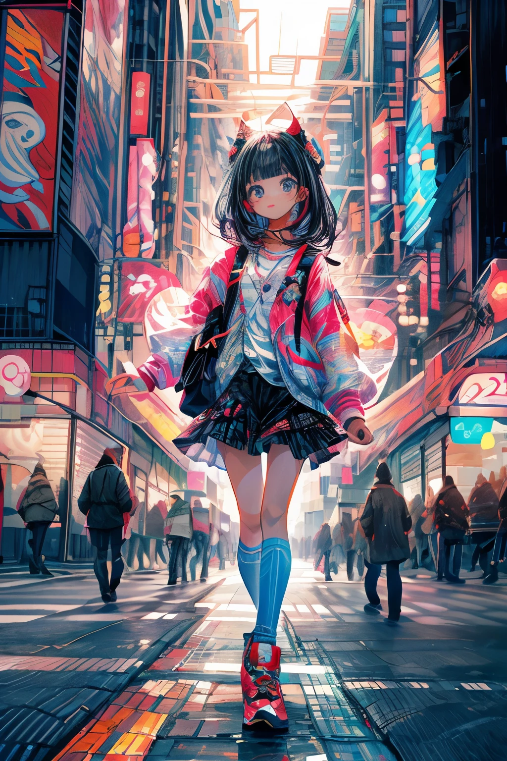 In the modern city，A girl and her shadow，The shadow is the devil in the girl&#39;s heart，Fisheye lens，lens with tension，The main body of the picture is a large urban background，Bright and fresh picture，A beautiful, abstract, huge city and a tiny, clean girl in it，An ordinary Japanese anime girl in a surreal background