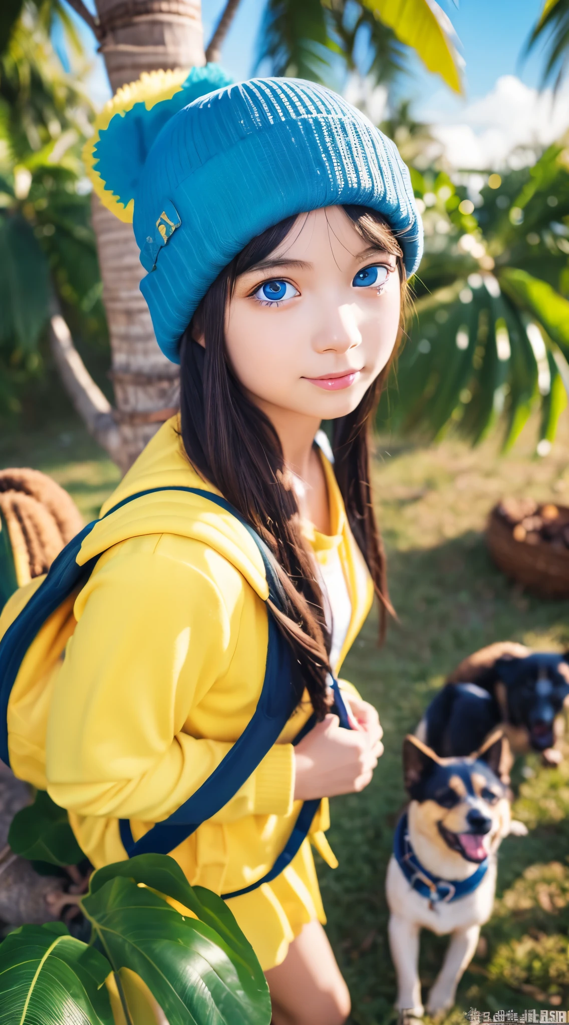 Anime Girls (((Yellow Backpack))) and (((Four dogs in a coconut tree field))), ((((blue eyed girl)))), (((The girl is wearing a beanie hat))), Cute and detailed digital art, Adorable digital painting, ((((Character's front camera)))), Gweiz style artwork, Realistic Anime 3D Style, Anime Styled 3d, かわいい3DAnime Girlsのレンダリング, Created by Anime Painter Studio, Anime Style. 8k, Art Station Children's Art, Cute girl anime visuals,