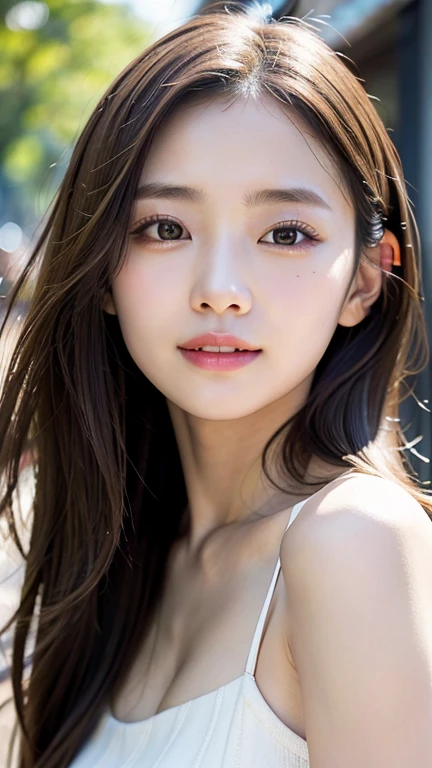 With the alleys of Kyoto in the background、18-year-old girl、independent、I'm looking forward to、Light eye makeup、Brown Hair Color、flat 、Hair blowing in the wind、Quality of actress、Shiny, Ultra-realistic faces、smileの表情、Watery eye、look up、Calming lighting effects、 Ultra-Realistic Capture、Very detailed、High resolution 16k human skin closeup。Skin texture must be natural、Must be so detailed that pores are visible、skin is healthy、Must be an even tone、Use natural light and color、High quality photos taken by a modeling agency'Exclusive photographer、smile