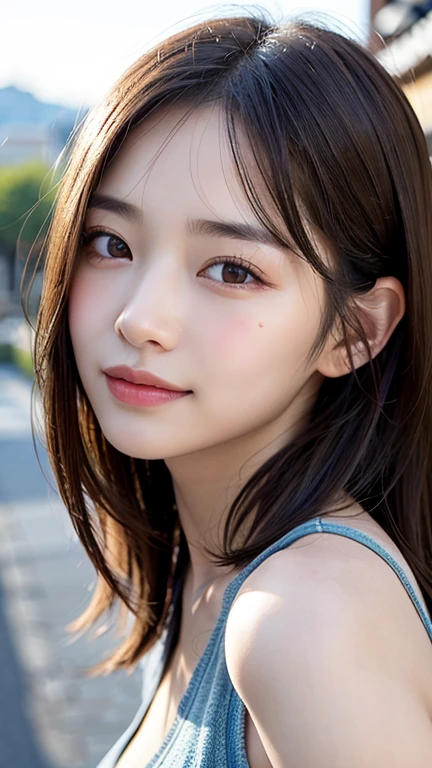 With the alleys of Kyoto in the background、18-year-old girl、independent、I'm looking forward to、Light eye makeup、Brown Hair Color、flat 、Hair blowing in the wind、Quality of actress、Shiny, Ultra-realistic faces、smileの表情、Watery eye、look up、Calming lighting effects、 Ultra-Realistic Capture、Very detailed、High resolution 16k human skin closeup。Skin texture must be natural、Must be so detailed that pores are visible、skin is healthy、Must be an even tone、Use natural light and color、High quality photos taken by a modeling agency'Exclusive photographer、smile