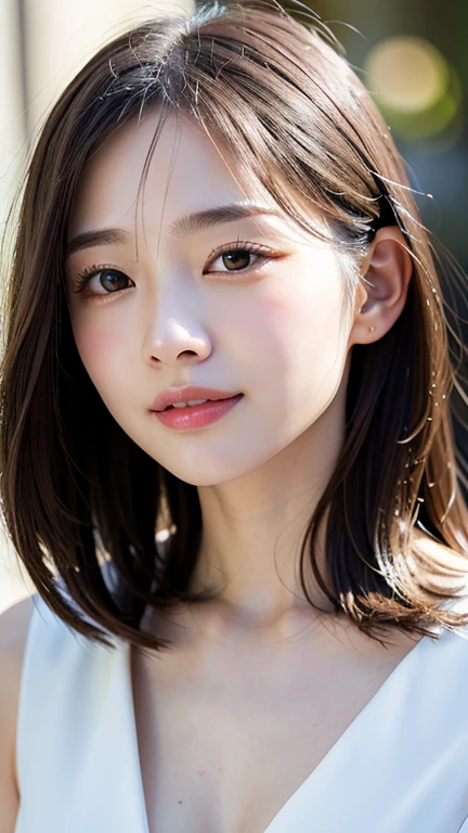 With the alleys of Kyoto in the background、18-year-old girl、independent、I'm looking forward to、Light eye makeup、Brown Hair Color、flat 、Hair blowing in the wind、Quality of actress、Shiny, Ultra-realistic faces、smileの表情、Watery eye、look up、Calming lighting effects、 Ultra-Realistic Capture、Very detailed、High resolution 16k human skin closeup。Skin texture must be natural、Must be so detailed that pores are visible、skin is healthy、Must be an even tone、Use natural light and color、High quality photos taken by a modeling agency'Exclusive photographer、smile