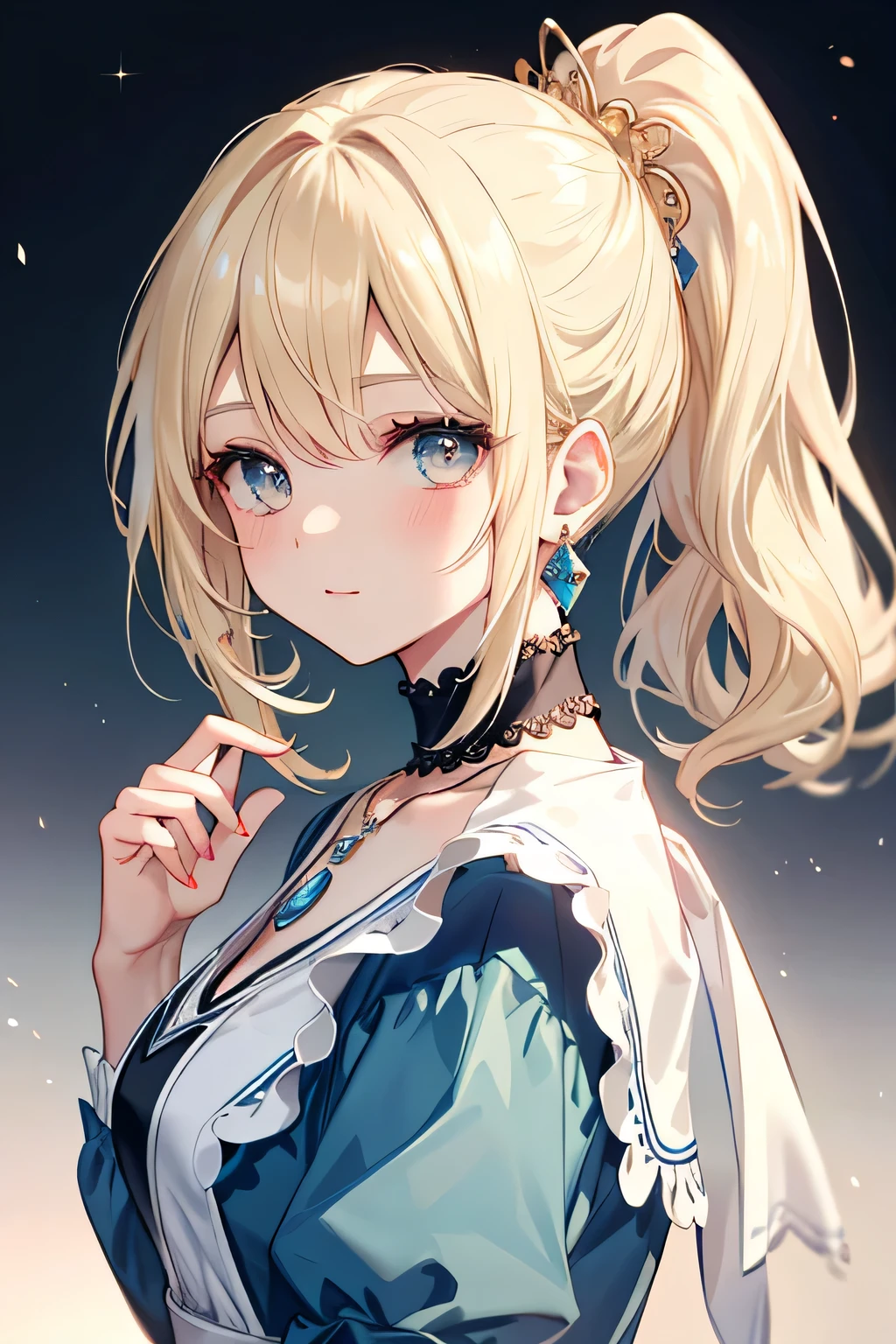 ((highest quality)), ((masterpiece)), (detailed), Perfect Face、In the palace、ponytail、Look back、blonde、Beautiful slitted eyes、Earrings、necklace、Blue Dress、Gazing from above