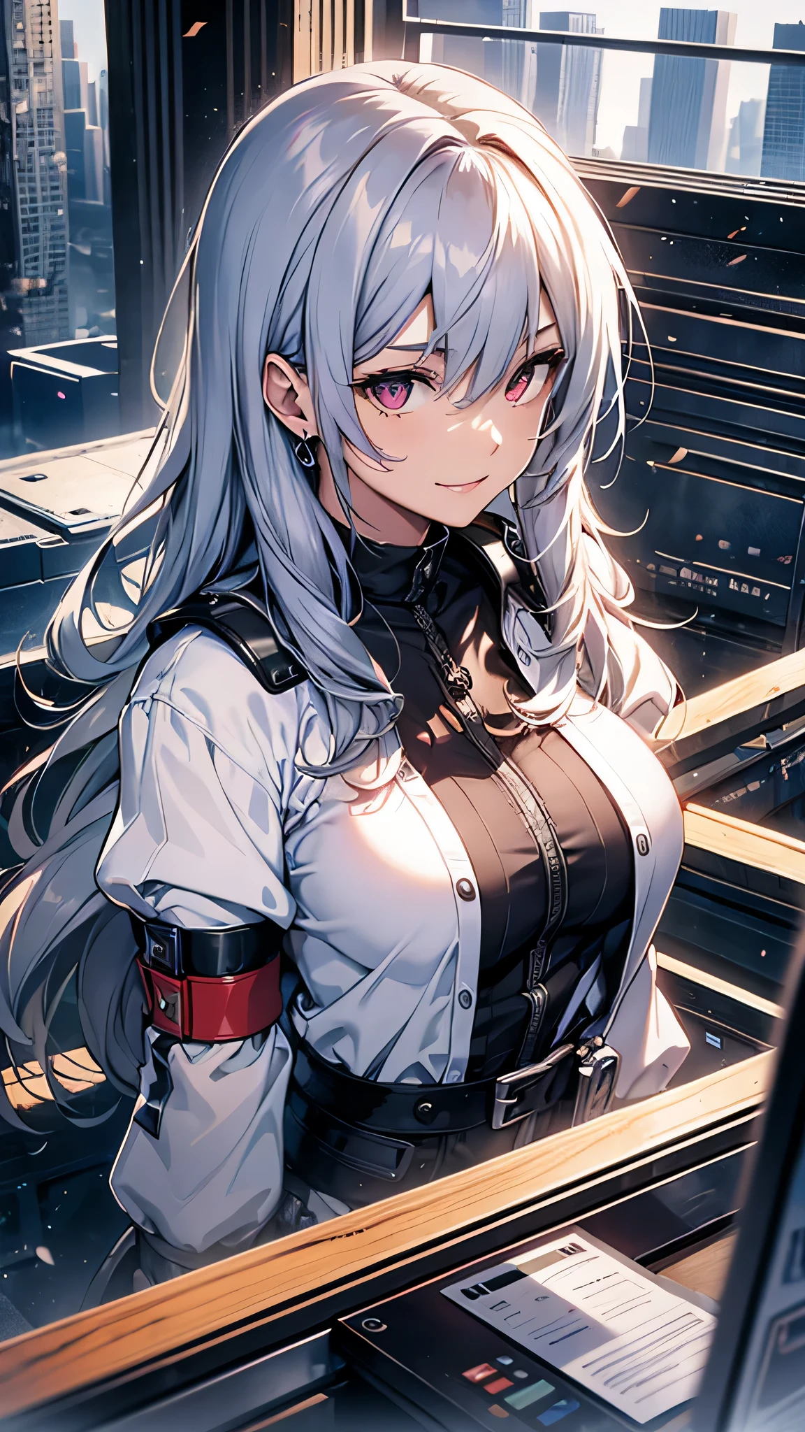 最high quality、Best image quality、masterpiece、girl((18-year-old、 By becoming、Best Bust、Medium Bust,Wide open breast tea、Red glowing eyes,Silver Hair、Disheveled Hair、Long Hair、thin,The highest valley、Open chest、White wristband、smile、hair ornamentany accessories、White see-through shirt、Gal Style、Angle from directly above)),high quality、Beautiful art、background((Stylish office district))、Flight、Flying debris、Written boundary depth、movie、Visual Arts、Perfect art、8K,Genuine、