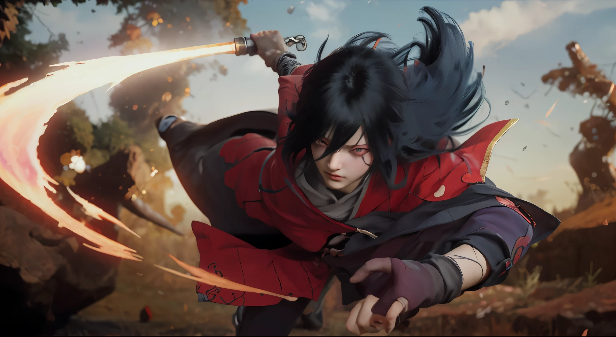 Anime character holding a sword wearing red clothes with many people, Uchiha Madara, Sasuke Uchiha, Cool Anime 8K, Uchiha Bandei, Anime epic artwork, Joker as Naruto,, epic anime style, Anime Wallpaper, Live-action style 8k, High-quality anime art style,Highest image quality, Outstanding details, Ultra-high resolution, (realism: 1.4), Best example, Favor the details,Realistic characters,Realistic image,Hyperrealism