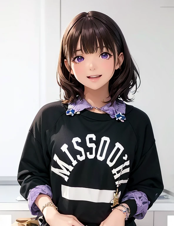 High resolution,In 8K,highest quality,detailed,Semi-realistic anime,Anime 3D Style,Smooth anime CG,One Girl,19-year-old woman in Japan,slim,Modeled,Shiny brown hair,Medium Hair,detailedな顔,Beautiful and detailed,Glowing Skin,Long sleeve sweatshirt,straggling hair,Angelic hairstyle,((Deep violet sparkling eyes)),(Small breasts),((Open your mouth)),((Laugh big))