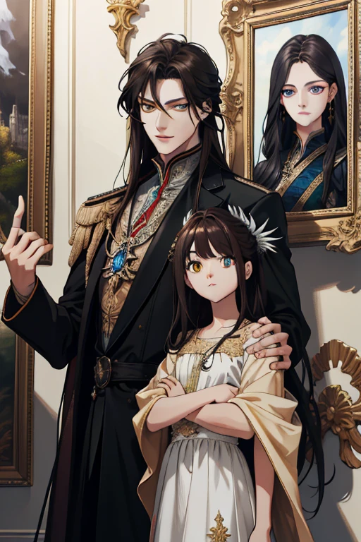 (absurd, high resolution, ultra detailed), When I noticed a painting on the wall.
It was a portrait of my family.
Zephyr stood beside. Valendrya. Her Dark hair and golden eyes highly resembled me. 
I stood in front of her With Valsendrake and Icarus standing beside me. 
painting