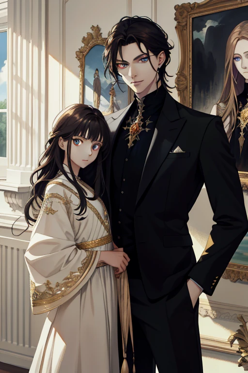 (absurd, high resolution, ultra detailed), When I noticed a painting on the wall.
It was a portrait of my family.
Zephyr stood beside. Valendrya. Her Dark hair and golden eyes highly resembled me.
I stood in front of her With Valsendrake and Icarus standing beside me.
painting