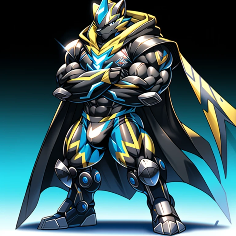 Wearing cyberpunk mecha, Wearing full plate armor Its full plate armor emphasizes the muscles. mechs, a knight's mechanical armor, glowing wide and heavy armor, He wears the same armor as himself from head to foot. a furry hero whose presence inspires trust and respect. super hero, hero, bodysuit, (masterpiece, best quality, detailed:1.2) (Pokémon) Powered exoskeleton with the same design as Zeraora big muscle, pecs, triceps, traps, waist narrow, unusually developed muscular body, bulge in the crotch, wears a small black string thong that reveals huge, muscular thighs. (metallic color: jet black thong) body full of huge muscles. also have a cloak on my back. The cloak is black. The cloak is so long that it touches the ground, showing off muscles, Correct limbs, detailed full body, Very muscular, Large pecs, Heavyweight, big bump, sparkling skin, Vibrant colors, 4K, realism, full body, wearing a dark bodysuit underneath, 4K, realism, Don't stray too far from Zeraora's design, Furry Heroes, Main is yellow COLOR, Main is yellow COLOR. pectorales enormes. Exaggeratedly huge muscles. crossed arms looking down at the other person. stepping on the enemy.