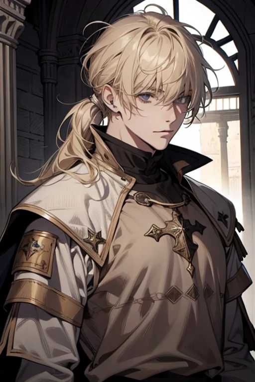 1 male, relaxed, messy blond hair with bangs in a low ponytail, white knight, beautiful, in a castle, medieval fantasy