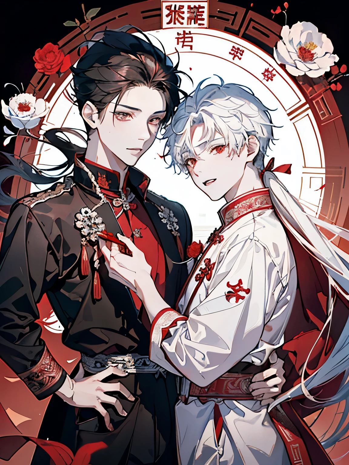((Two boys around 16 years old)),(Red and white costume reminiscent of an ancient Chinese priest),((A dragon shining like crystal as it rises into the sky)),((long hair:1.35)),Hair tied to one side,smile,Fantasy,(Bright atmosphere background),((They are staring at each other)),(There are lots of flowers)