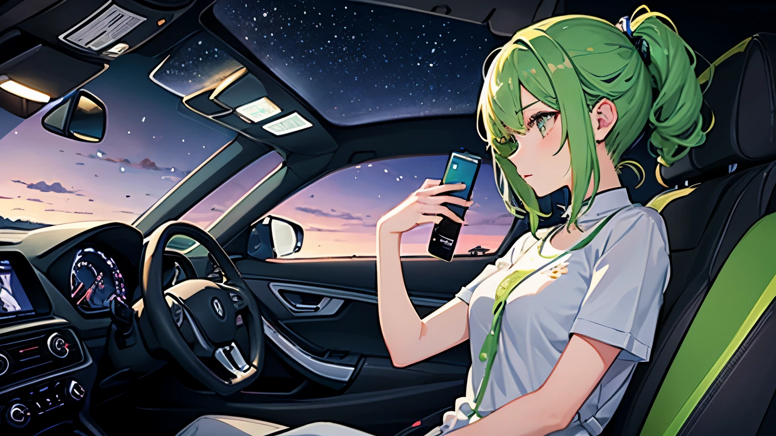 Draw a picture of a girl in a car listening to music while driving.。The girl is looking to the side。The girl's hair is short and bright green in color.。The background is a nighttime scene with a view of the night sky.。