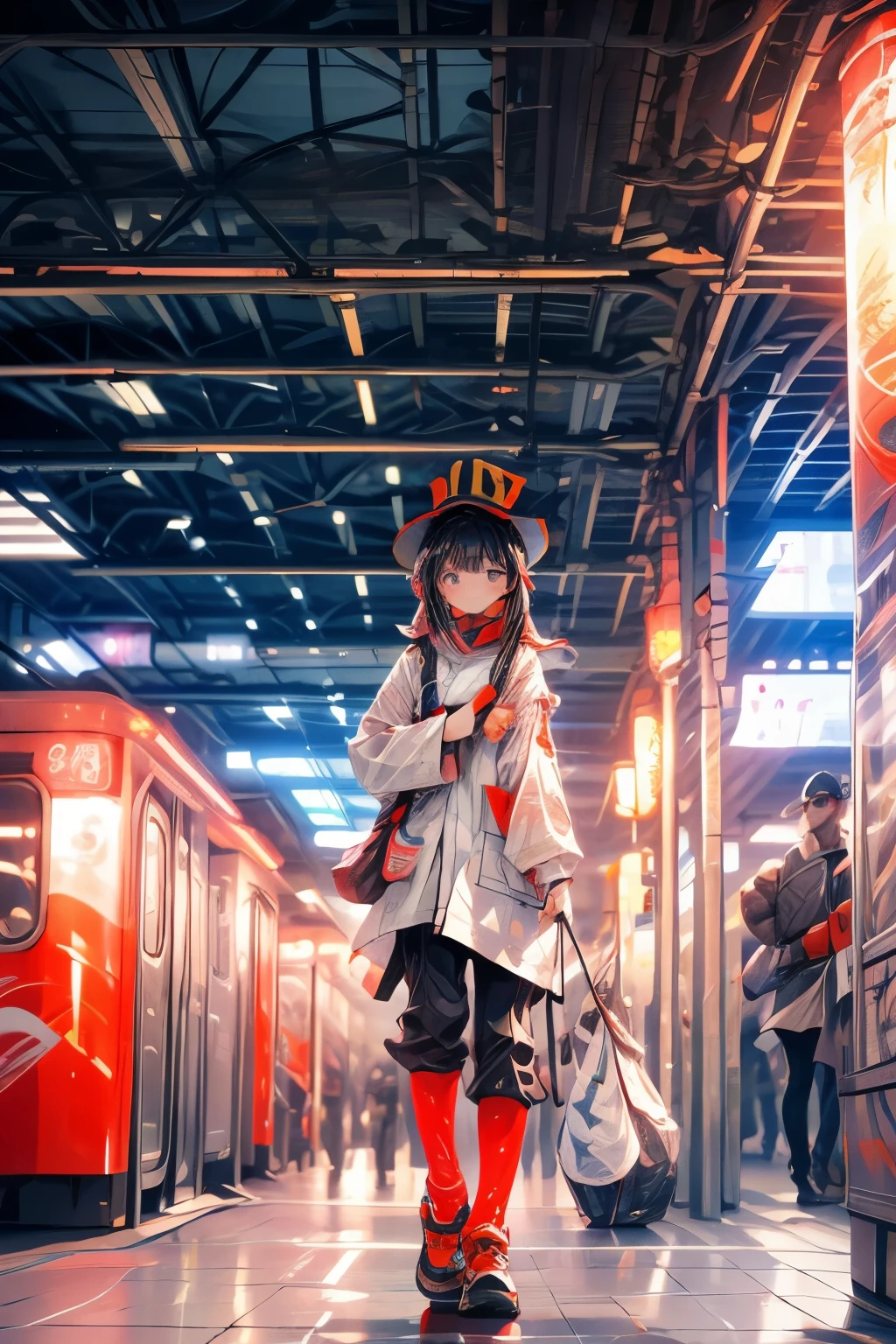 A Chinese knight wearing a bamboo hat in a modern city subway