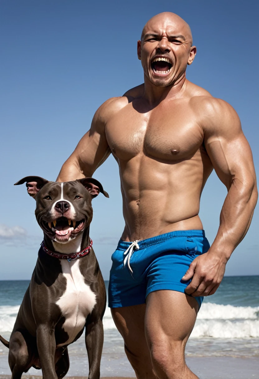 Um homem muito musculoso, with robust arms and defined chest, is standing shirtless. Ele segura firmemente um pitbull grande com uma coleira, that's baring its teeth in a ferocious growl. The man maintains a specific expression while confidently holding the dog