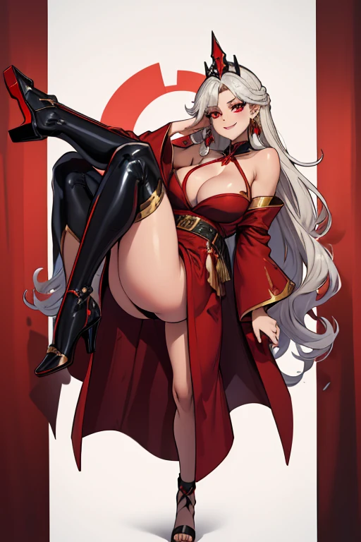 female, silver long hair, red eyes, tan skin, (((1girl))), (((red long robe with black accents))), (gold jewelry), (black heels), (black skirt), (black panties), cute and sexy, large breasts, large butt, full body, long legs, smiling, cleavage, shoulders exposed