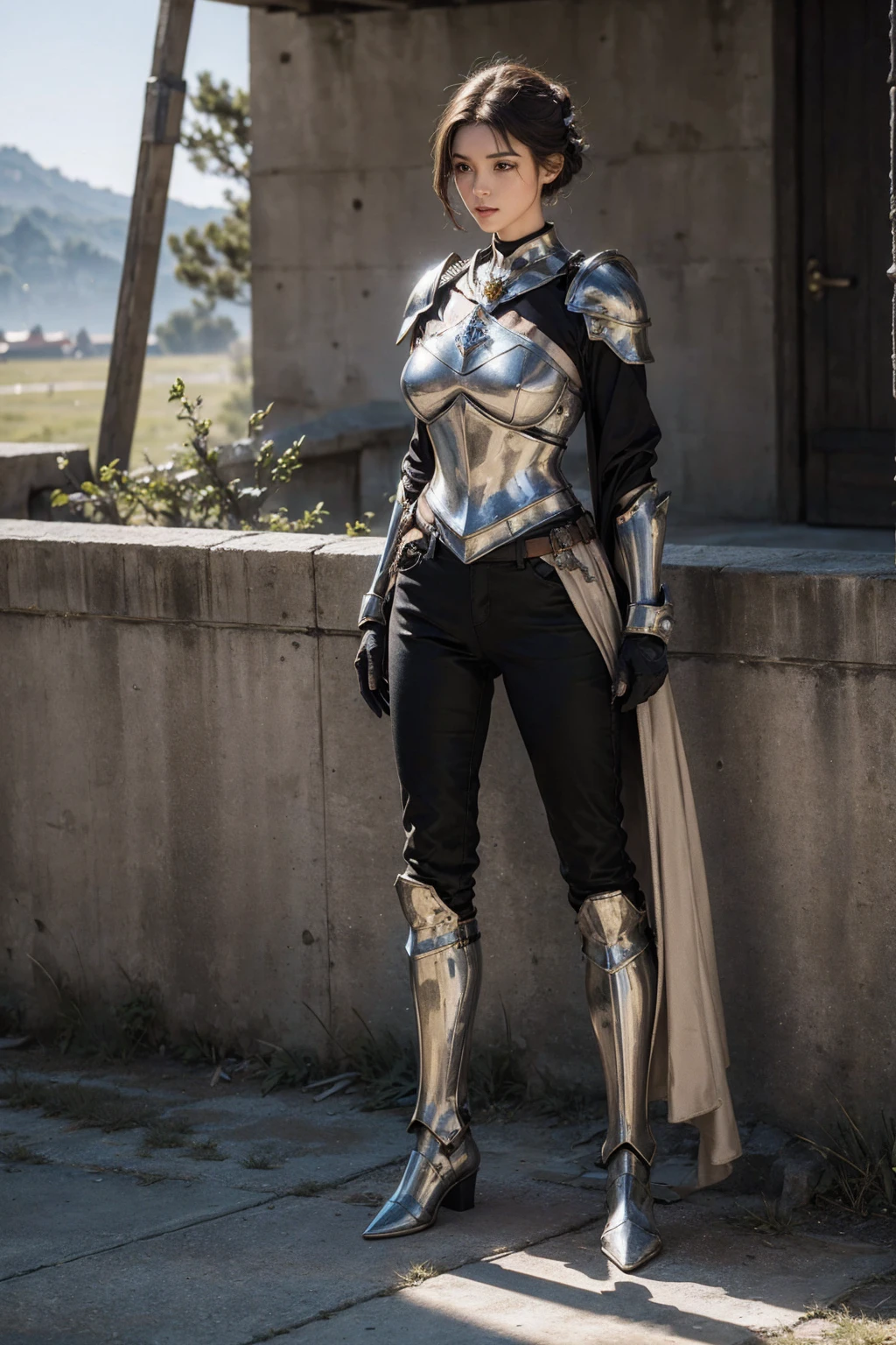 (front body view), (Shooting from front), (standing), (show front body), (front body facing to the camera), (shoot from front), (show full body from head to toe), (full body), (tall girl), 1 girl, 8k, best quality, highres, realistic, real person, ultimate-realistic, ultimate-realistic details, ultimate-realistic texture, realistic light source (full big breasts), (big round breasts), (tall body), A fierce and beautiful female knight with short hair facing to the viewer, wearing shining, form-fitting armor, wearing pants. show steel boots. (updo:1.2), (steel armor:1.1), golden pattern armor, skinny (Gorget Plackart pauldron :1.3) with little cape, (gloves). The background shows grassland and bright sky.