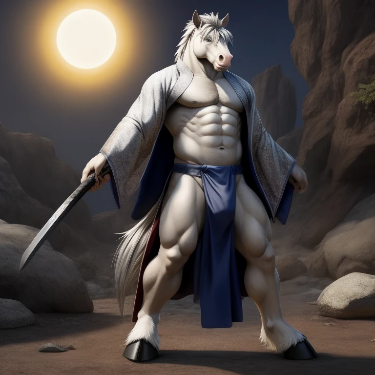 Furry, Antro, Agresivo, [Horse color Gris Plateado Brillante metal] , Half side pose , [Fundoshi Bulto Male Big], [Fundoshi Blanco ajustado], Solo, Clothes kimono japones Masculino, [Bulto Male Big], Hooves , Big Balls, Detallado 4k, cuerpo completo, cuerpo furry silver dark, Fonde de Desierto con Eclipse solar Total, Eyes Pupil Marron, Alta resolucion, silver Hair, Katana Japonesa