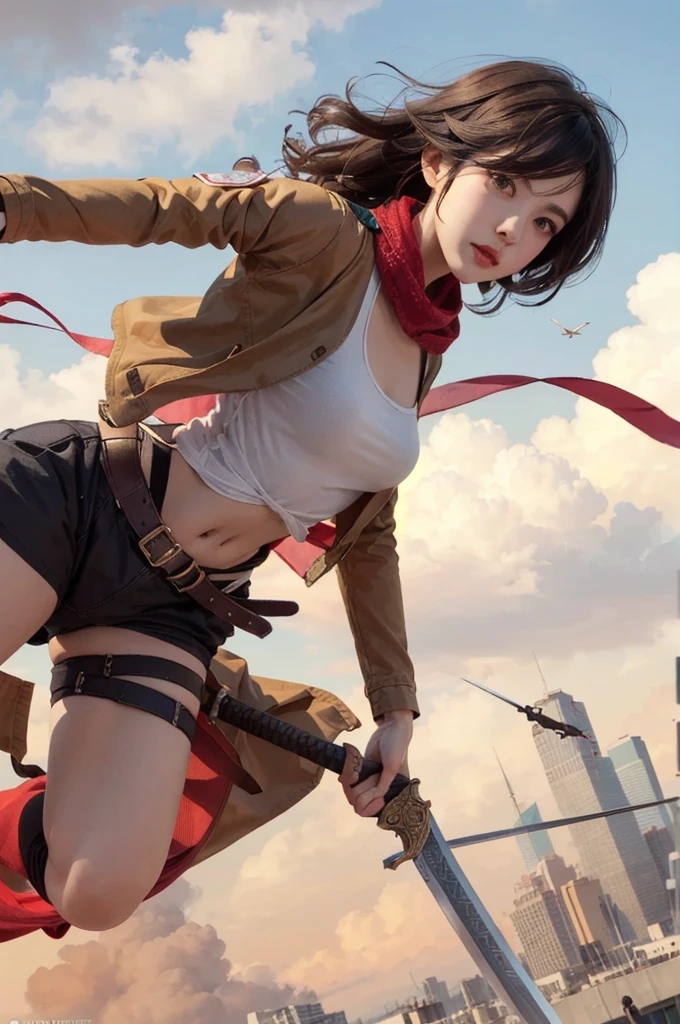 Beautiful girl with sword and red scarf flying over city, extremely detailed artgerm, artgerm and atey ghailan, artgerm style, range murata and artgerm,