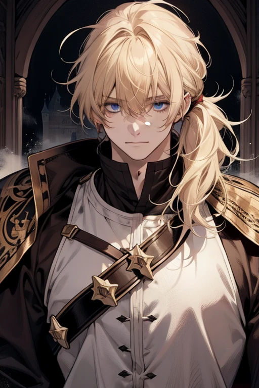 1 male, relaxed, messy blond hair with bangs in a low ponytail, white knight, beautiful, in a castle, medieval fantasy