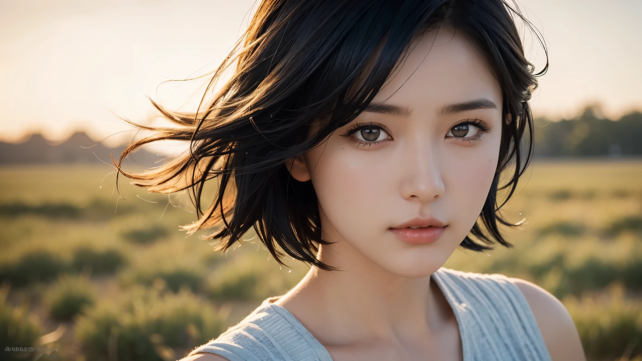 , blown by the long wind [Blue-black:.3] hair,looking at the viewer, (masterpiece:1.3), (8K, realistic, Raw photo, highest quality: 1.4), Japanese, (1 girl), beautiful face, (realistic face), (black hair, short hair:1.3), beautiful hairstyle, realistic eyes, detailed and beautiful eyes, (realistic skin), beautiful skin, Charm, ultra high resolution, surreal, very detailed, golden ratio,