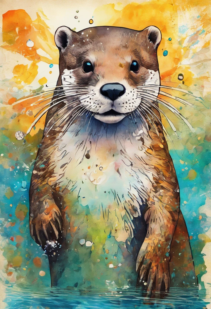Joyful spontaneous excited otter (mischievous expression), playful playful sparkling look, posture jeu, fond soleil d'été rayonnant (catch a trout in a lake) ::2 colorful ink painting ::2 art fantasy