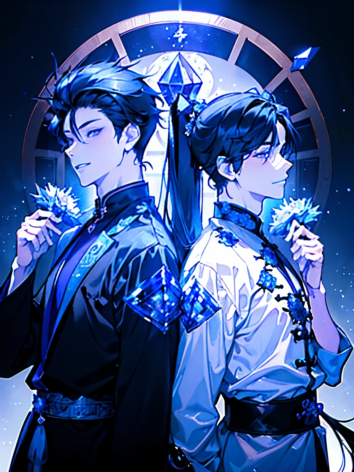 ((Two boys around 16 years old)),(Ancient Chinese style god of war costume in black, blue and purple),((A dragon shining like crystal as it rises into the sky)),((long hair:1.35)),ponytail,smile,Fantasy,(Bright atmosphere background),((Back to Back)),(There are lots of flowers)