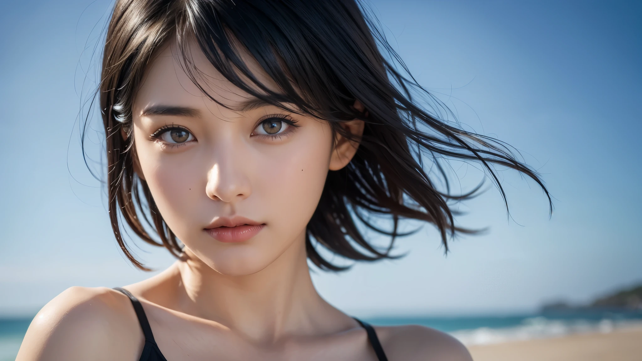 , blown by the long wind [Blue-black:.3] hair,looking at the viewer, (masterpiece:1.3), (8K, realistic, Raw photo, highest quality: 1.4), Japanese, (1 girl), beautiful face, (realistic face), (black hair, short hair:1.3), beautiful hairstyle, realistic eyes, detailed and beautiful eyes, (realistic skin), beautiful skin, Charm, ultra high resolution, surreal, very detailed, golden ratio,