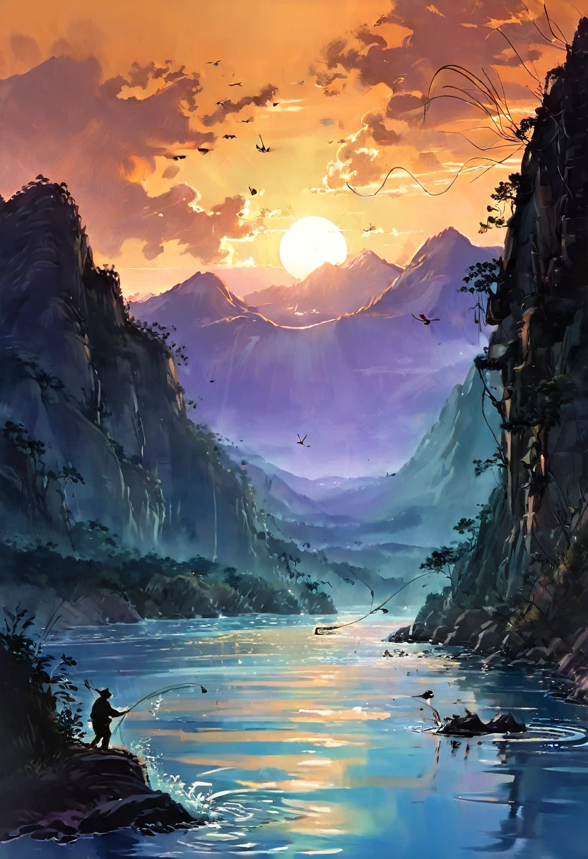 Sunset，Silhouette of fisherman throwing fishing line into water, Mountains in the background，The calm water reflects orange hues. This scene is depicted in the style of the Chinese painter Zhang Daqian.