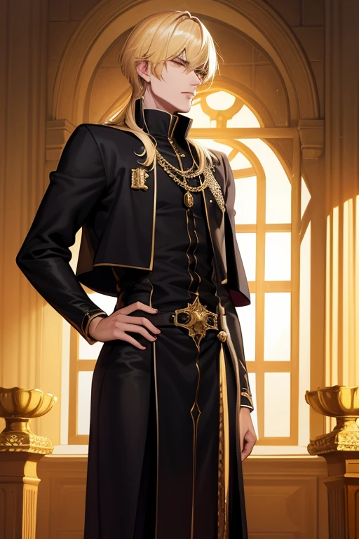 1 male, adult, blond hair with bangs, prince, black clothes, handsome, calm, beautiful, condescending, lean body, in a castle, medieval fantasy