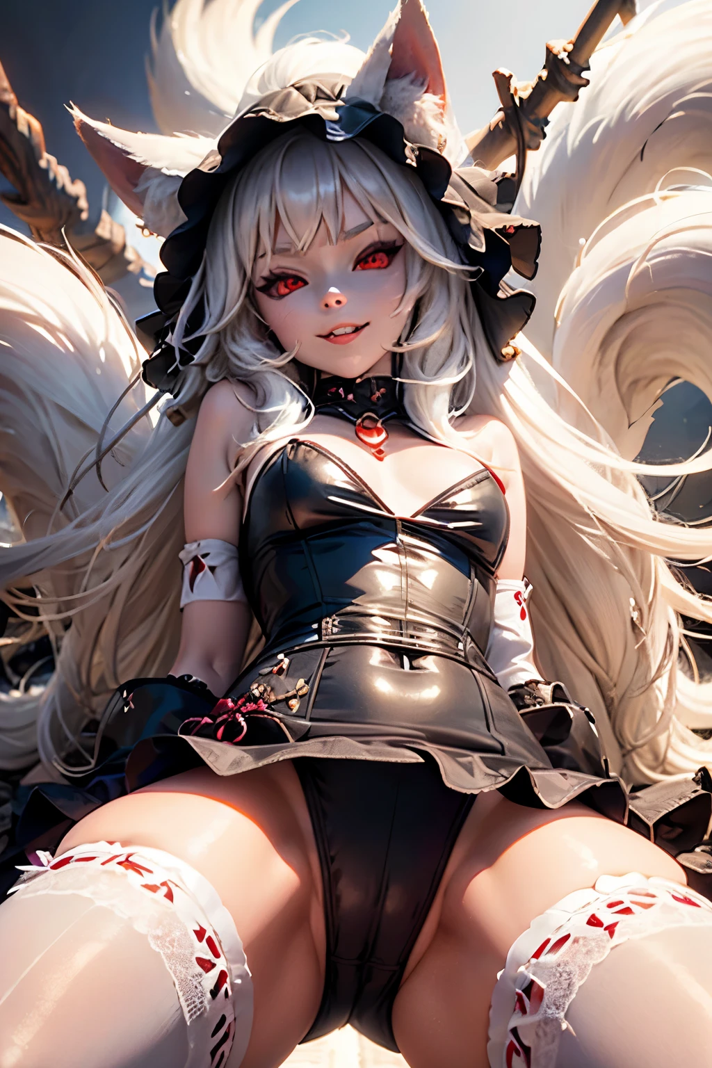 fox girl, long white hair, fluffy tails, lewd costume, evil smile, red eyes, black background, necklace, domination, white stockings, oral sex pose, open legs, Stick out your tongue,saliva, 1boy, 1girl, girl sitting on face, pussy on face