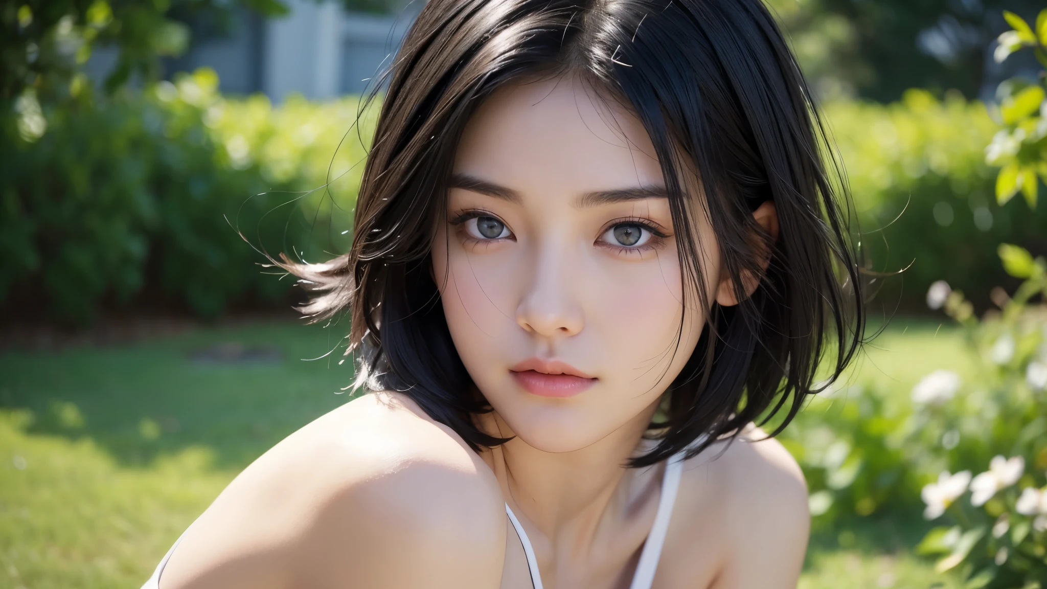 , blown by the long wind [Blue-black:.3] hair,looking at the viewer, (masterpiece:1.3), (8K, realistic, Raw photo, highest quality: 1.4), Japanese, (1 girl), beautiful face, (realistic face), (black hair, short hair:1.3), beautiful hairstyle, realistic eyes, detailed and beautiful eyes, (realistic skin), beautiful skin, Charm, ultra high resolution, surreal, very detailed, golden ratio,