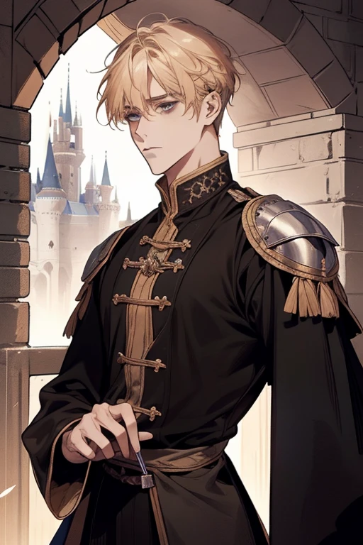 1 male, adult, blond hair with bangs, prince, black clothes, handsome, calm, beautiful, condescending, lean body, in a castle, medieval fantasy
