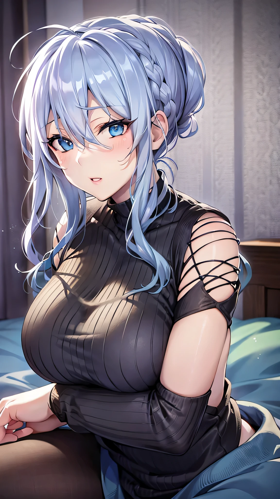 Yukino, At the bed, Silver hair and blue eyes, A light shirt and no bra, Cute girl anime visuals, Anime movie screenshots, & Her expression is solemn, In anime movies, In anime, Young woman anime visual, She has a pretty, expressive face, A still from the anime, big breasts, Red cheeks, Amorous face, Fair skin
