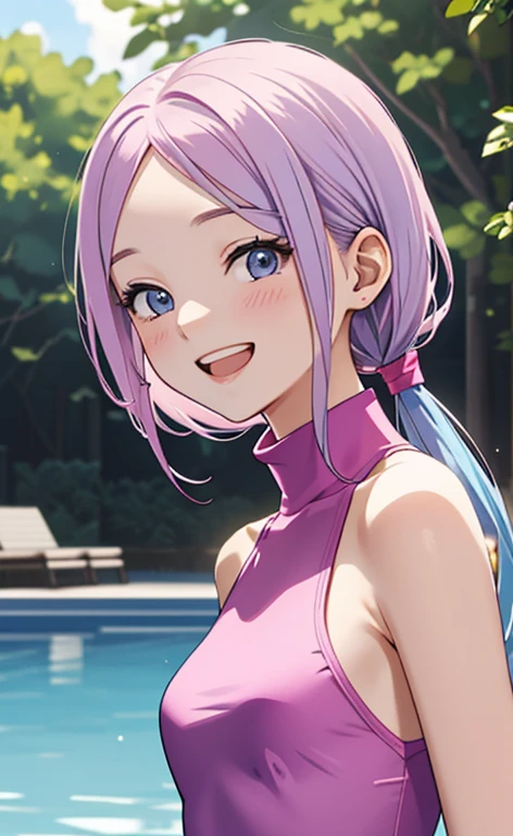 (masterpiece:1.4、top-quality、illustration:1.4,realistic、)、(character focus、breast focus,upper body:1.3)、(1girl),(Open mouth happy grin:1.3),(half closed eyes),cute face,blue eyes、()、
,(stand:1.4),(Shining smile),
,(slender),(turtleneck holder pink swimsuit:1.3),(long blue hair:1.6,forehead:1.3), (small breasts:1.3)、
、slender、pool,、