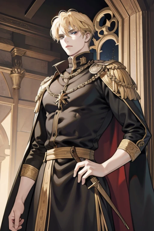 1 male, adult, blond hair with bangs, prince, black clothes, handsome, calm, beautiful, condescending, lean body, in a castle, medieval fantasy