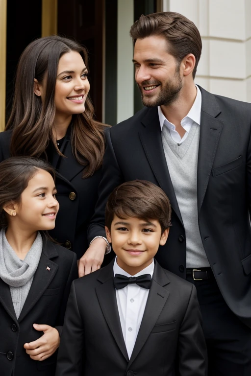 A 30-year-old man, with brown hair, a black blazer and gray blouse and black pants, (in The Presidential Inauguration Ceremony ), taking with a Wife and kids, olhos verdes, olhos azuis, light smile, light blone hair, (hyperrealistic), light smile, Realism, Canon, Nikon, 85mm, pov, multiple views, first-person view, highres, HD, 4K, best quality, high details, textured