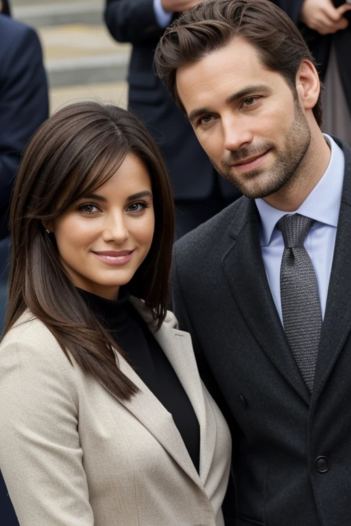 A 30-year-old man, with brown hair, a black blazer and gray blouse and black pants, (in The Presidential Inauguration Ceremony ), taking with a Wife and kids, olhos verdes, olhos azuis, light smile, light blone hair, (hyperrealistic), light smile, Realism, Canon, Nikon, 85mm, pov, multiple views, first-person view, highres, HD, 4K, best quality, high details, textured