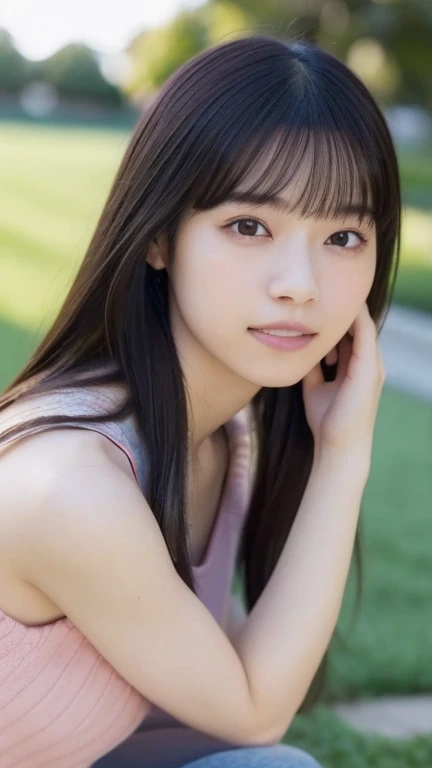 (highest quality,masterpiece:1.3,Ultra-high resolution),(Very detailed,Caustics,8k),(Realistic:1.4,RAW shooting),18-year-old,cute,Japanese Idols,Black hair half-up,look at the camera with a smile,Crouching posture,Big Breasts,cardigan,Knitted dress,(garden),(Low position:1.2),(Low Angle:1.2),(Face Focus:1.2),(Face close-up:1.2),Natural light,(Lens flare),Professional Writing