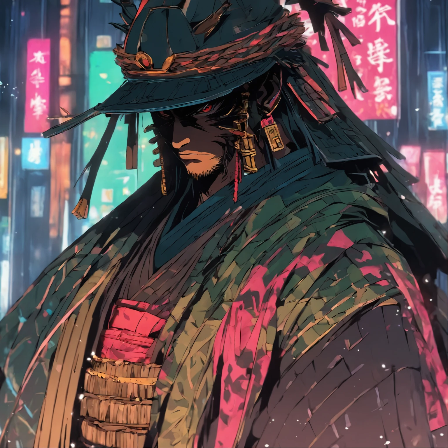 Cyberpunk Samurai in a Bamboo Hat, Two swords on the waist of a technical samurai, Sharp Eye , anger , masterpiece, 8k